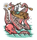 Giant octopus attack skull in the sea illustration