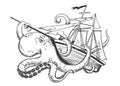 Giant octopus catches old style sail ship hand drawn vector illustration