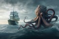 A giant octopus covers the sailors' ship with its tentacles,generative AI.