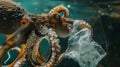 A giant octopus eyes a plastic bag floating in the water mistaking it for a potential meal. The pollution caused by