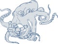 Giant Octopus Fighting Astronaut Drawing