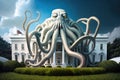 Giant octopus holding washington dc white house with tentacles illustration generative ai