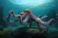 giant octopus kraken sitting in serene underwater landscape, tentacles resting on the seafloor