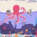 Giant octopus in ocean, childish cartoon character, ship wreck and treasure chest under water, vector illustration Royalty Free Stock Photo
