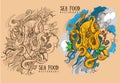 Giant octopus outline and color drawing for design food packaging