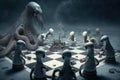 Giant octopus playing a game of chess with a group of astronauts on the moon illustration generative ai