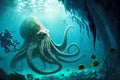 Giant octopus sea with powerful tentacles in clear sea water