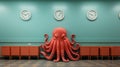 Minimalist Octopus Statue In A Room Of Clocks