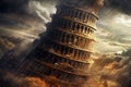 Giant old mystical tower, Babel tower in storm Royalty Free Stock Photo