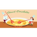 Giant Omelette Celebration. Two cute chefs cooking giant omelet for celebration. Big pan with fried eggs Royalty Free Stock Photo