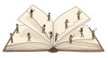 Giant Open Book with Miniature People Climbing Pages, Exploring Knowledge Royalty Free Stock Photo