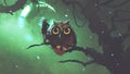 Giant owl and its owner standing on a branch in night forest