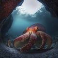 A giant Pacific octopus exploring a crevice on the ocean floor