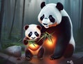 Giant panda with baby panda eating bamboo