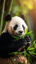 Giant panda eating bamboo leaves in a sunlit bamboo forest Royalty Free Stock Photo