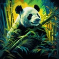 A giant panda eats bamboo in a bamboo grove at night. Light painting bright Pop art style Asian animal watercolor illustration.