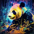 A giant panda eats bamboo in a bamboo grove at night. Light painting bright Pop art style Asian animal watercolor illustration.