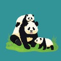 Giant panda family. Smiling adult panda with two baby pandas sitting on the grass. Chinese bears. Mother or father and children.