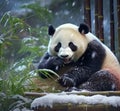 a giant panda sat in the snow eating bamboo