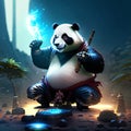 A giant panda sits on a stone with a flashlight in his hand. Generative AI Royalty Free Stock Photo