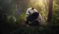 Giant panda sitting in bamboo forest, eating peacefully generated by AI Royalty Free Stock Photo