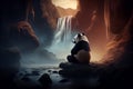 Giant panda walking in its environment against rocks and a waterfall in the background Royalty Free Stock Photo