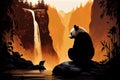 Giant panda walking in its environment against rocks and a waterfall in the background Royalty Free Stock Photo