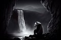 Giant panda walking in its environment against rocks and a waterfall in the background Royalty Free Stock Photo