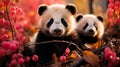 giant pandas playing in a bamboo forest in China. Generative AI Royalty Free Stock Photo