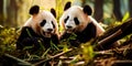 giant pandas playing in a bamboo forest in China. Generative AI Royalty Free Stock Photo