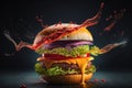 Hamburger with lots of cheese, vegetables, explosion of flavors, smoked on the barbecue, Royalty Free Stock Photo