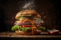 Hamburger with lots of cheese, vegetables, explosion of flavors, smoked on the barbecue, Royalty Free Stock Photo