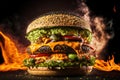 Hamburger with lots of cheese, vegetables, explosion of flavors, smoked on the barbecue, Royalty Free Stock Photo