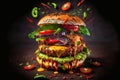 Hamburger with lots of cheese, vegetables, explosion of flavors, smoked on the barbecue, Royalty Free Stock Photo