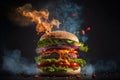 Hamburger with lots of cheese, vegetables, explosion of flavors, smoked on the barbecue, Royalty Free Stock Photo