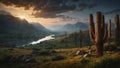 giant petrified cacti stand on slopes of the river, the sun sets behind the mountains