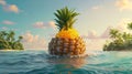 A giant pineapple volcano erupting with golden juice surrounded by panicking cartoon pineapple villagers trying to save