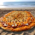 Giant pizza with many spices on the beach, in the background sea, waves, sand. Illustration