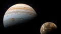 The giant planet and its satellites. Jupiter like planet and his moons. Space concept. Generative AI Royalty Free Stock Photo