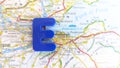 A giant plastic letter E spelling Edinburgh on a map of Scotland