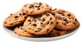 Giant plate of yummy chocolate chip cookies on white background