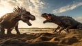 Giant prehistoric dinosaurs fighting on sandy beach. Generative AI Royalty Free Stock Photo