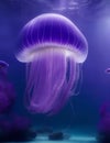 giant purple jellyfish floating in a large aquarium illustration