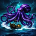 A giant purple octopus kraken monster attacking pirate ships in the dark ocean