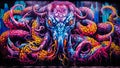 A giant purple octopus with red eyes and tentacles painted on a wall Royalty Free Stock Photo