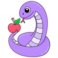 Giant purple python carrying fresh apples, doodle icon image kawaii