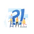 Giant question mark and interrogation point and tiny people. Concept of FAQ, user manual or guide, customer support