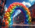 A giant rainbow balloon arch over a crowded street wide shot