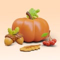 Giant realistic pumpkin, acorns, berries, fallen leaves. Vector autumn composition in 3D style Royalty Free Stock Photo