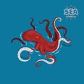 Giant red octopus on a white background. Sea monster kraken in cartoon style. Pirate game. 3d image Royalty Free Stock Photo